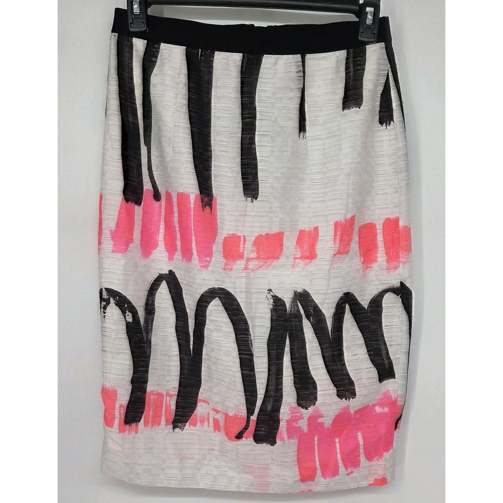 Milly‎ Abstract Paint Brushstroke Pencil Skirt 10 White Pink Black Art To Wear